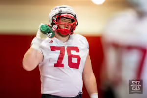 Nebraska Cornhusker Jason Maciejczak (76) trying to cool off during football practice Friday, August 16, 2024, in Lincoln, Nebraska. Photo John S. Peterson.