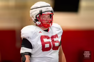 Nebraska Cornhusker Ben Scott (66) running drills during football practice Friday, August 16, 2024, in Lincoln, Nebraska. Photo John S. Peterson.