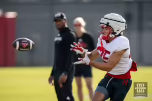 Nebraska Cornhusker Mekhi Nelson (35) makes a catch during football practice Friday, August 16, 2024, in Lincoln, Nebraska. Photo John S. Peterson.