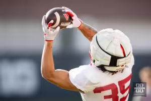 Nebraska Cornhusker Mekhi Nelson (35) makes a catch during football practice Friday, August 16, 2024, in Lincoln, Nebraska. Photo John S. Peterson.