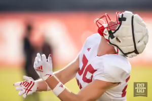 Nebraska Cornhusker Carter Nelson (29) runs under the pass to make the catch during football practice Friday, August 16, 2024, in Lincoln, Nebraska. Photo John S. Peterson.