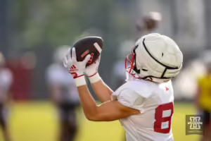 Nebraska Cornhusker Hayes Miller (81) makes a catch during football practice Friday, August 16, 2024, in Lincoln, Nebraska. Photo John S. Peterson.