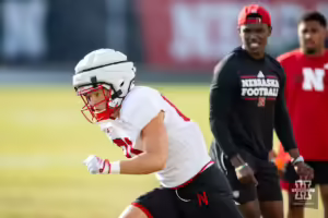 Nebraska Cornhusker Hayes Miller (81) goes out for a pass during football practice Friday, August 16, 2024, in Lincoln, Nebraska. Photo John S. Peterson.