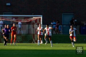 Nebraska Cornhusker forward Kayma Carpenter (29) dribbles the ball against the Oklahoma St. Cowgirls in the first half during a college women's soccer match Friday, August 16, 2024, in Lincoln, Nebraska. Photo John S. Peterson.