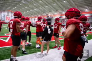 Nebraska Cornhuskers defense taking a water break during football practice Friday, August 9, 2024, in Lincoln, Nebraska. Photo John S. Peterson.