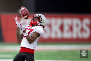 Nebraska Cornhusker Jacory Barney Jr. (17) catches a punt during football practice Friday, August 9, 2024, in Lincoln, Nebraska. Photo John S. Peterson.