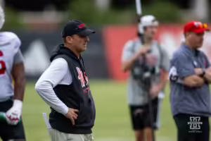 Nebraska Cornhusker coach Marcus Satterfield watching the action during football practice Friday, August 9, 2024, in Lincoln, Nebraska. Photo John S. Peterson.