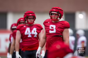 Nebraska Cornhusker Ty Robinson (9) waits his turn at the drills during football practice Friday, August 9, 2024, in Lincoln, Nebraska. Photo John S. Peterson.