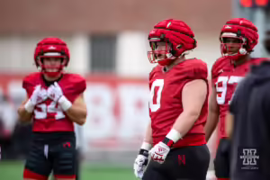 Nebraska Cornhusker Nash Hutmacher (0) waiting his turn for drills during football practice Friday, August 9, 2024, in Lincoln, Nebraska. Photo John S. Peterson.