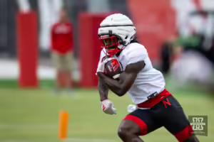 Nebraska Cornhusker Janiran Bonner (16) runs with the ball during football practice Friday, August 9, 2024, in Lincoln, Nebraska. Photo John S. Peterson.