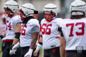 Nebraska Cornhusker Ben Scott (66) running drills during football practice Friday, August 9, 2024, in Lincoln, Nebraska. Photo John S. Peterson.