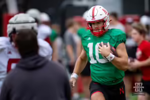 Nebraska Cornhusker Heinrich Haarberg (10) runs with the ball during football practice Friday, August 9, 2024, in Lincoln, Nebraska. Photo John S. Peterson.