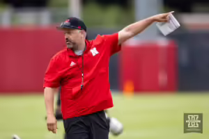 Nebraska Cornhusker head Matt Rhule coach giving instructions during football practice Friday, August 9, 2024, in Lincoln, Nebraska. Photo John S. Peterson.