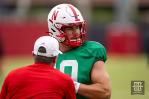 Nebraska Cornhusker Heinrich Haarberg (10) works on ball handling skills during football practice Friday, August 9, 2024, in Lincoln, Nebraska. Photo John S. Peterson.