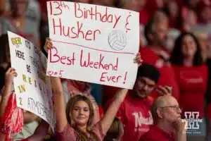 Nebraska Cornhusker fan holding a sign during a college volleyball match against the USC Trojans Sunday, September 29, 2024, in Lincoln, Nebraska. Photo by John S. Peterson.