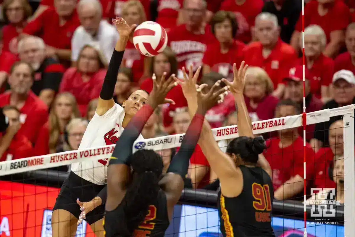 Nebraska Volleyball v USC – 09-29-2024 Nebraska Cornhusker Harper Murray (27) spikes the ball against the USC Trojans during a college volleyball match Sunday, September 29, 2024, in Lincoln, Nebraska. Photo by John S. Peterson.
