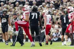 Nebraska Cornhusker defensive lineman James Williams (90) celebrates a tackle against the Purdue Boilermakers during a college football game Saturday, September 28, 2024, in West Lafayette, Indiana. Photo by John S. Peterson.