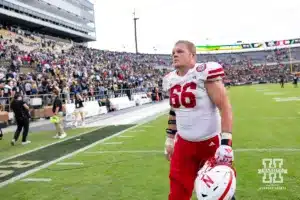 Nebraska Cornhusker offensive lineman Ben Scott (66) walks back to the locker room after the win over the Purdue Boilermakers during a college football game Saturday, September 28, 2024, in West Lafayette, Indiana. Photo by John S. Peterson.