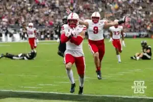 Nebraska Cornhusker linebacker John Bullock (5) scores a touchdown against the Purdue Boilermakers during a college football game Saturday, September 28, 2024, in West Lafayette, Indiana. Photo by John S. Peterson.