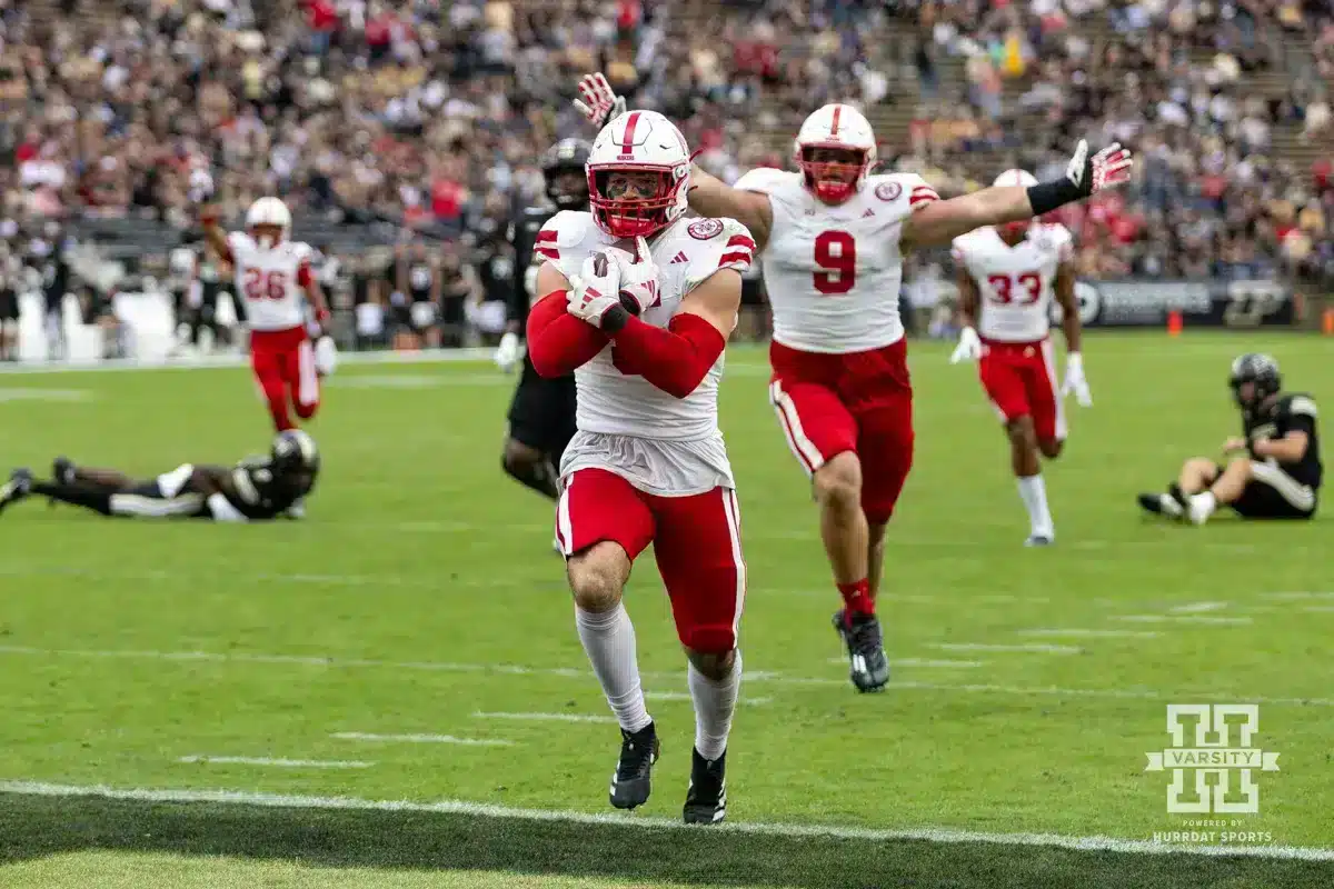 Nebraska Cornhusker linebacker John Bullock (5) scores a touchdown against the Purdue Boilermakers during a college football game Saturday, September 28, 2024, in West Lafayette, Indiana. Photo by John S. Peterson.