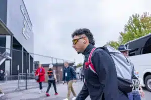 Nebraska Cornhusker quarterback Dylan Raiola heads to the field after arriving at Ross-Ade Stadium to take on the Purdue Boilermakers during a college football game Saturday, September 28, 2024, in West Lafayette, Indiana. Photo by John S. Peterson.