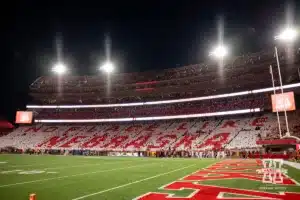 Nebraska Cornhuskers celebrate the 400th consecutive sellout during a college football game against the Illinois Fighting Illini Firiday, September 20, 2024, in Lincoln, Nebraska. Photo by John S. Peterson.