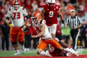 Nebraska Cornhusker linebacker MJ Sherman (48) tackles Illinois Fighting Illini quarterback Luke Altmyer (9) in the fourth quarter during a college football game Firiday, September 20, 2024, in Lincoln, Nebraska. Photo by John S. Peterson.