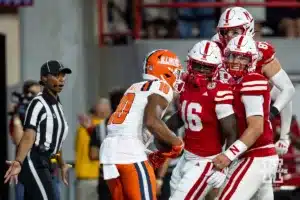 Nebraska Cornhusker wide receiver Janiran Bonner (16) and Dylan Raiola celebrates a touchdown against the Illinois Fighting Illini during a college football game Firiday, September 20, 2024, in Lincoln, Nebraska. Photo by John S. Peterson.