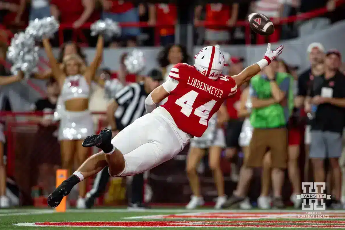 Nebraska Cornhusker tight end Luke Lindenmeyer (44) reaches for the ball against the Illinois Fighting Illini in the fourth quarter during a college football game Firiday, September 20, 2024, in Lincoln, Nebraska. Photo by John S. Peterson.