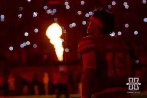 Nebraska Cornhusker quarterback Dylan Raiola (15) watches part of the drone show at the end of the third quarter against the Illinois Fighting Illini during a college football game Firiday, September 20, 2024, in Lincoln, Nebraska. Photo by John S. Peterson.