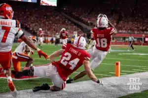 Nebraska Cornhusker wide receiver Isaiah Neyor (18) makes a catch for a touchdown against the Illinois Fighting Illini during a college football game Firiday, September 20, 2024, in Lincoln, Nebraska. Photo by John S. Peterson.