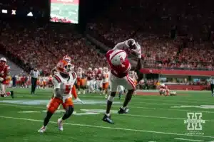 Nebraska Cornhusker wide receiver Jahmal Banks (4) makes a catch against Illinois Fighting Illini defensive back Torrie Cox Jr. (5) during a college football game Firiday, September 20, 2024, in Lincoln, Nebraska. Photo by John S. Peterson.