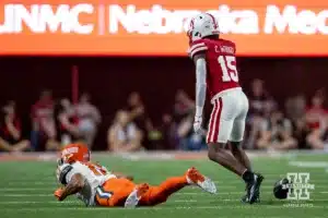 Nebraska Cornhusker defensive back Ceyair Wright (15) breaks up a pass against Illinois Fighting Illini wide receiver Collin Dixon (17) during a college football game Firiday, September 20, 2024, in Lincoln, Nebraska. Photo by John S. Peterson.