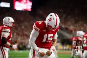 Nebraska Cornhusker quarterback Dylan Raiola (15) celebrates a touchdown against the Illinois Fighting Illini during a college football game Firiday, September 20, 2024, in Lincoln, Nebraska. Photo by John S. Peterson.