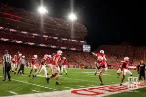 Nebraska Cornhuskers celebrates a touchdown against the Illinois Fighting Illini during a college football game Firiday, September 20, 2024, in Lincoln, Nebraska. Photo by John S. Peterson.