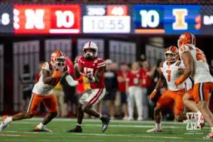 Nebraska Cornhusker wide receiver Jacory Barney Jr. (17) makes a catch against Illinois Fighting Illini defensive back Miles Scott (10) during a college football game Firiday, September 20, 2024, in Lincoln, Nebraska. Photo by John S. Peterson.