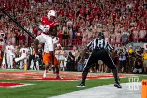 Nebraska Cornhusker wide receiver Isaiah Neyor (18) makes a catch for a touchdown against the Illinois Fighting Illini during a college football game Firiday, September 20, 2024, in Lincoln, Nebraska. Photo by John S. Peterson.