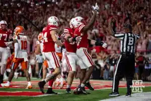 Nebraska Cornhusker wide receiver Isaiah Neyor (18) makes a catch for a touchdown against the Illinois Fighting Illini during a college football game Firiday, September 20, 2024, in Lincoln, Nebraska. Photo by John S. Peterson.