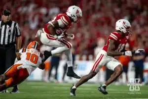 Nebraska Cornhusker running back Dante Dowdell (23) runs with the ball against Illinois Fighting Illini defensive back Miles Scott (10) during a college football game Firiday, September 20, 2024, in Lincoln, Nebraska. Photo by John S. Peterson.
