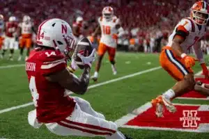 Nebraska Cornhusker running back Rahmir Johnson (14) makes a catch for a touchdown against the Illinois Fighting Illini during a college football game Firiday, September 20, 2024, in Lincoln, Nebraska. Photo by John S. Peterson.
