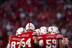 Nebraska Cornhuskers offense huddle up against the Illinois Fighting Illini during a college football game Firiday, September 20, 2024, in Lincoln, Nebraska. Photo by John S. Peterson.