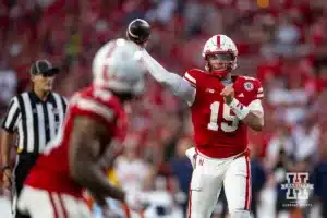 Nebraska Cornhusker quarterback Dylan Raiola (15) throws the football during a college football game Firiday, September 20, 2024, in Lincoln, Nebraska. Photo by John S. Peterson.