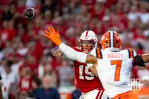 Nebraska Cornhusker quarterback Dylan Raiola (15) throws the ball against Illinois Fighting Illini defensive back Matthew Bailey (7) during a college football game Firiday, September 20, 2024, in Lincoln, Nebraska. Photo by John S. Peterson.