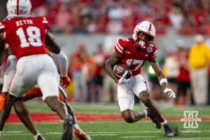 Nebraska Cornhusker wide receiver Jacory Barney Jr. (17) runs with the ball against the Illinois Fighting Illini during a college football game Firiday, September 20, 2024, in Lincoln, Nebraska. Photo by John S. Peterson.