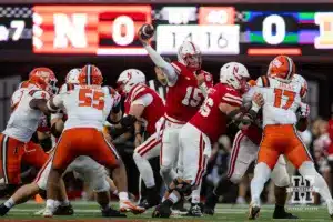 Nebraska Cornhusker quarterback Dylan Raiola (15) throws the ball in the first quarter during a college football game Firiday, September 20, 2024, in Lincoln, Nebraska. Photo by John S. Peterson.