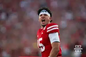 Nebraska Cornhusker quarterback Dylan Raiola (15) gets the fans fired up before taking on the Illinois Fighting Illini during a college football game Firiday, September 20, 2024, in Lincoln, Nebraska. Photo by John S. Peterson.
