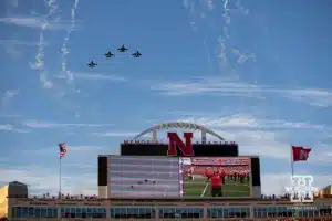 F-16 fighter jets flyover during the National Anthem before a college football game against the Illinois Fighting Illini Firiday, September 20, 2024, in Lincoln, Nebraska. Photo by John S. Peterson.