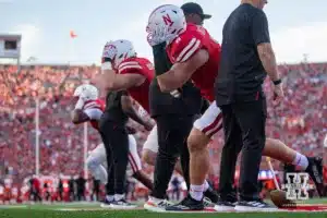 Nebraska Cornhusker defensive line running drills before taking on the Illinois Fighting Illini during a college football game Firiday, September 20, 2024, in Lincoln, Nebraska. Photo by John S. Peterson.
