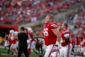Nebraska Cornhusker offensive lineman Ben Scott (66) warming up before taking on the Illinois Fighting Illini during a college football game Firiday, September 20, 2024, in Lincoln, Nebraska. Photo by John S. Peterson.