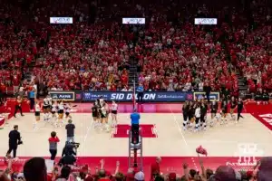 Nebraska Cornhuskers celebrate their sweep over the Stanford Cardinal during a college volleyball match Wednesday, September 18, 2024, in Lincoln, Nebraska. Photo by John S. Peterson.